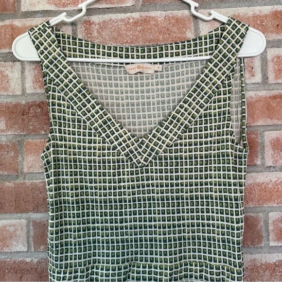 Tory Burch Paris Silk Sheath Dress V Neck Women’s Medium Green Geometric Print - Picture 4 of 13